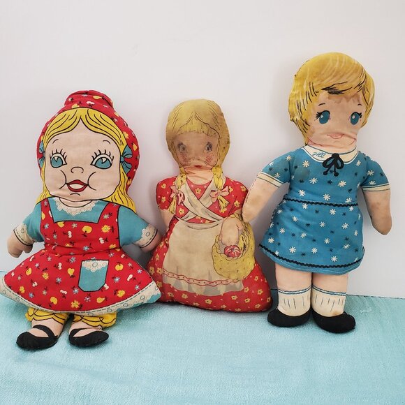 Vintage Pattern Rag Dolls Set Of 3 Jill Gretel Cloth Dolls Rare - Picture 1 of 8